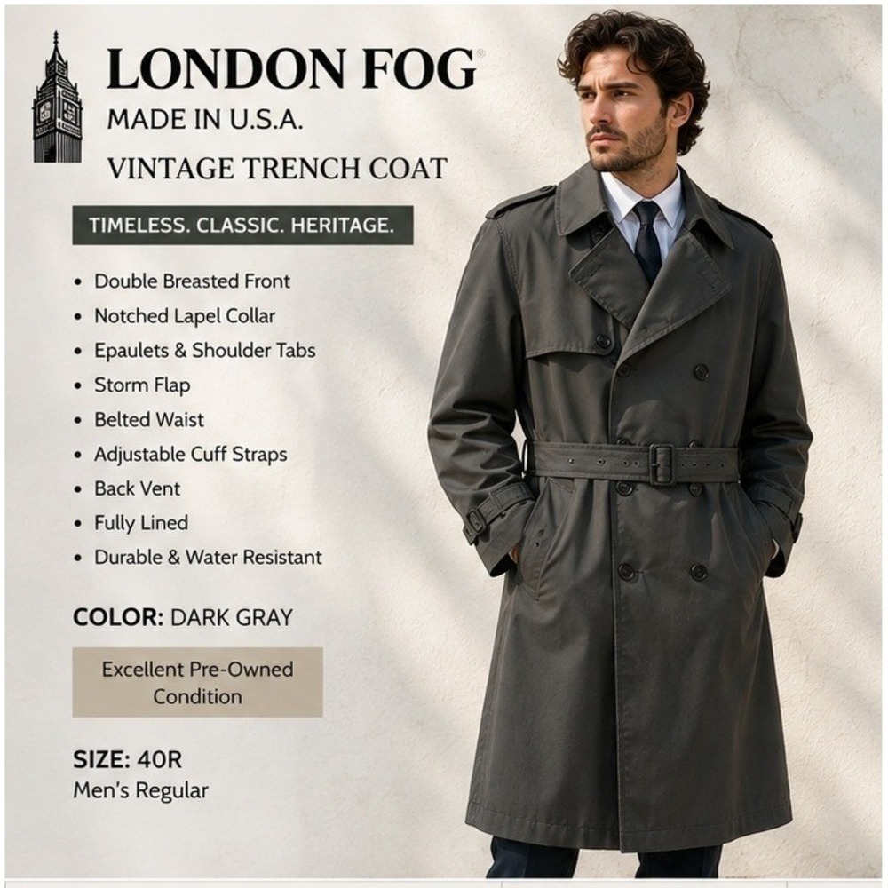 London Fog Trench Coat Mens 40R Vintage Gray Heritage Double Breasted Belted USA